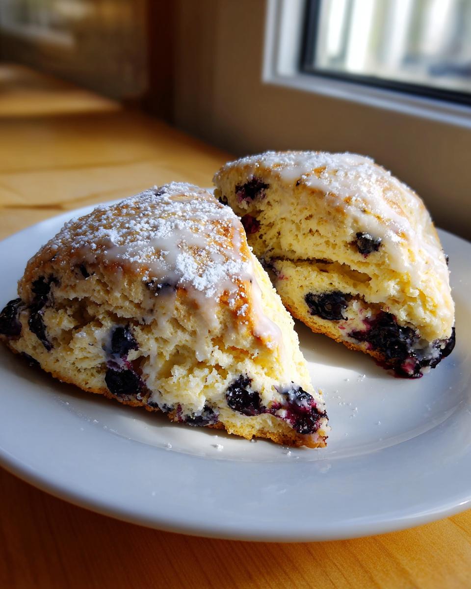 Two triangular blueberry scones, drizzled with white glaze and dusted with powdered sugar, resting on a white plate.