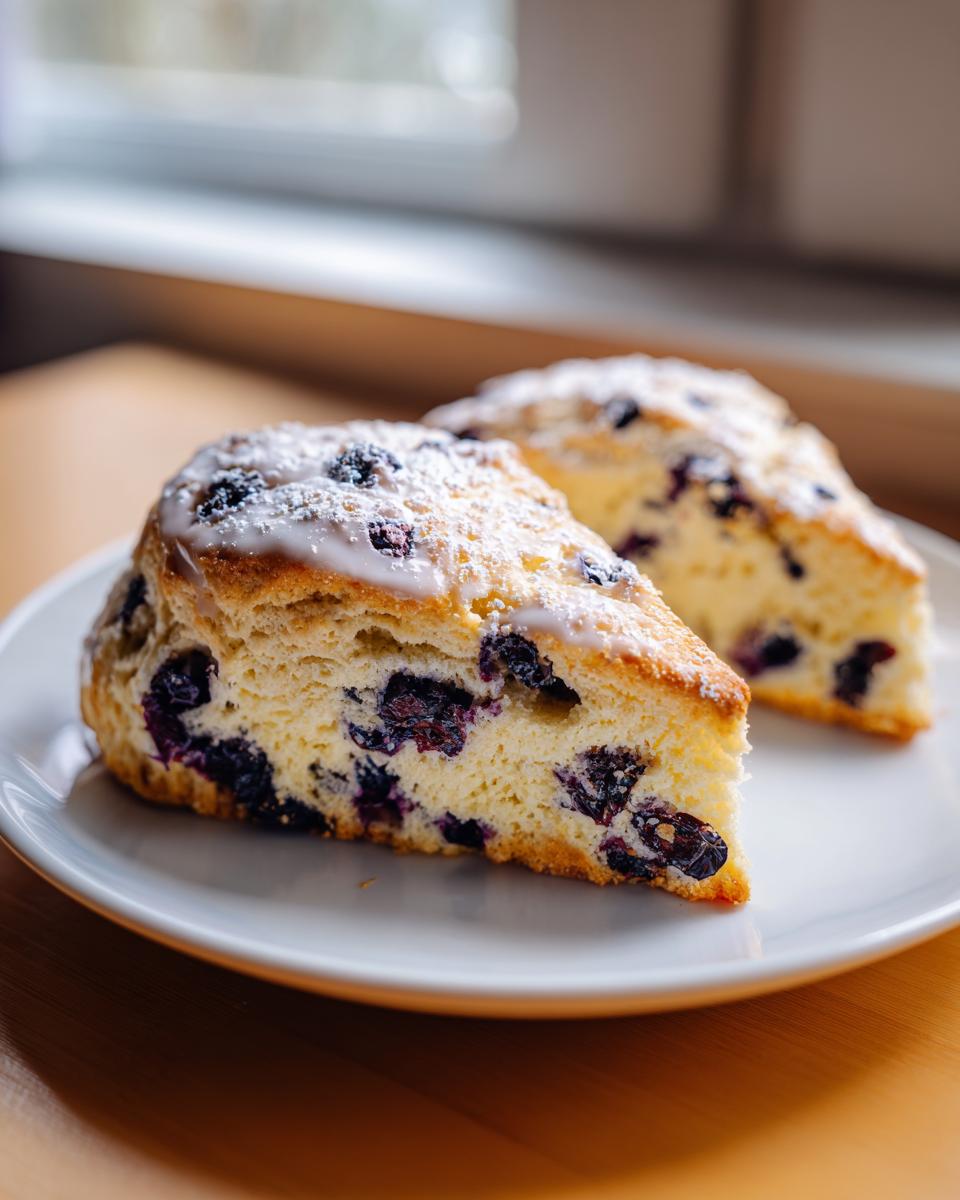 Two slices of flaky blueberry scones topped with white glaze and powdered sugar on a white plate.