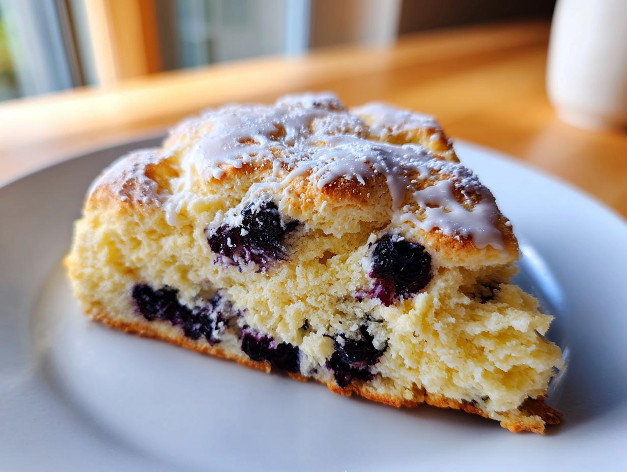 Close-up of a fluffy, triangular slice of blueberry scones topped with white icing glaze.
