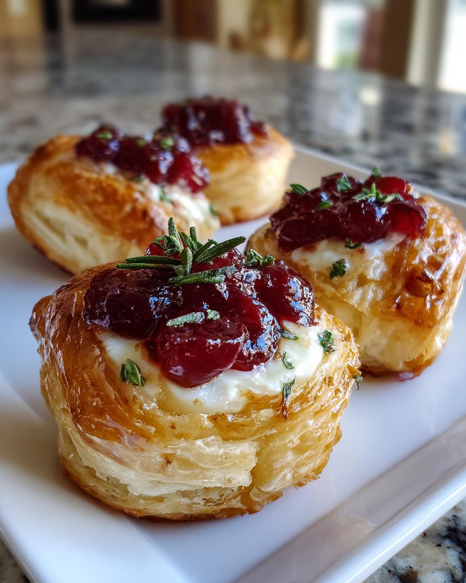 Three golden, flaky puff pastry cranberry brie bites topped with cranberry sauce and fresh rosemary.
