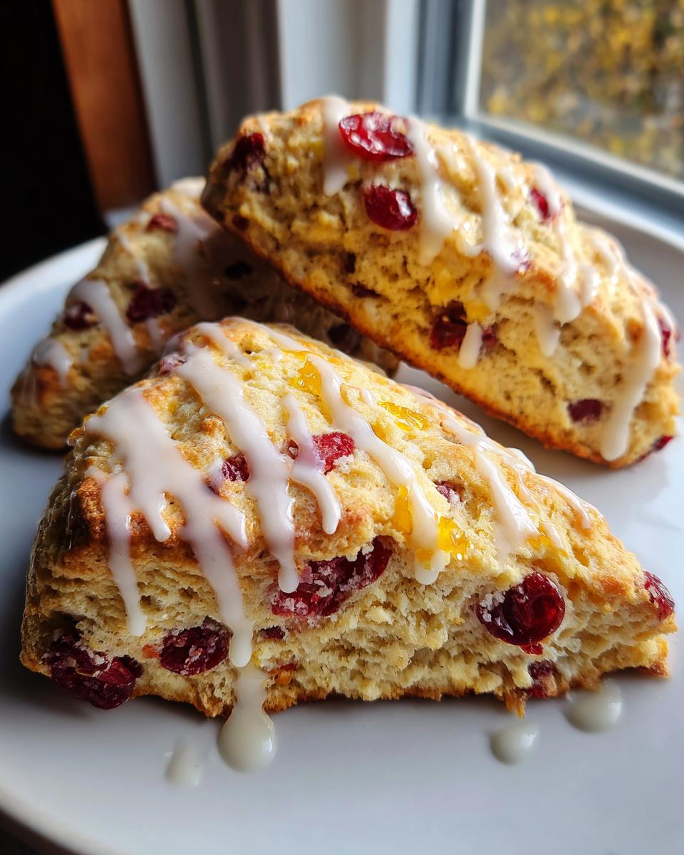 Close-up of flaky cranberry orange scones drizzled with a thick white glaze, showing the texture and fruit inside.
