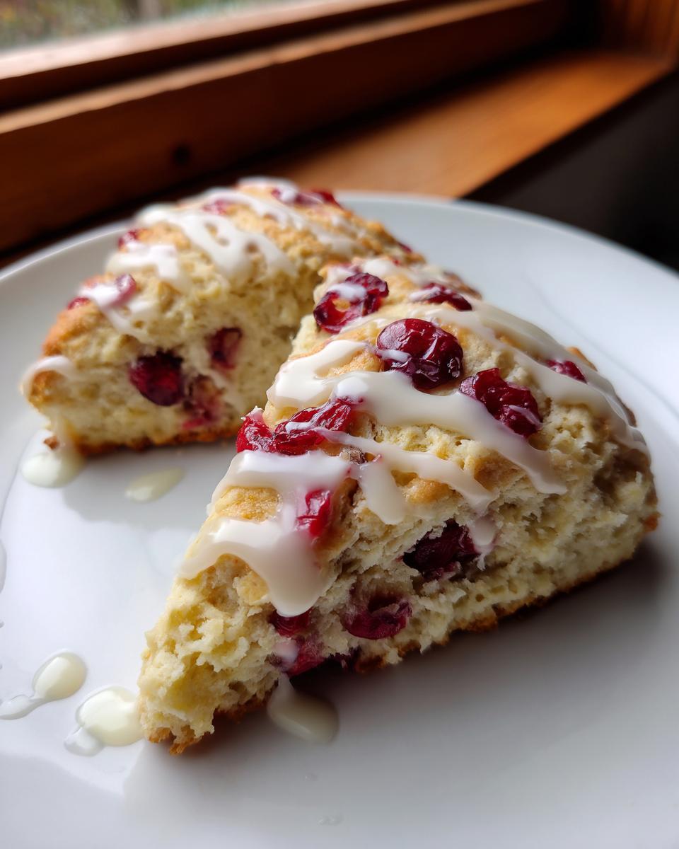 Two slices of flaky cranberry orange scones drizzled with white citrus glaze on a white plate.