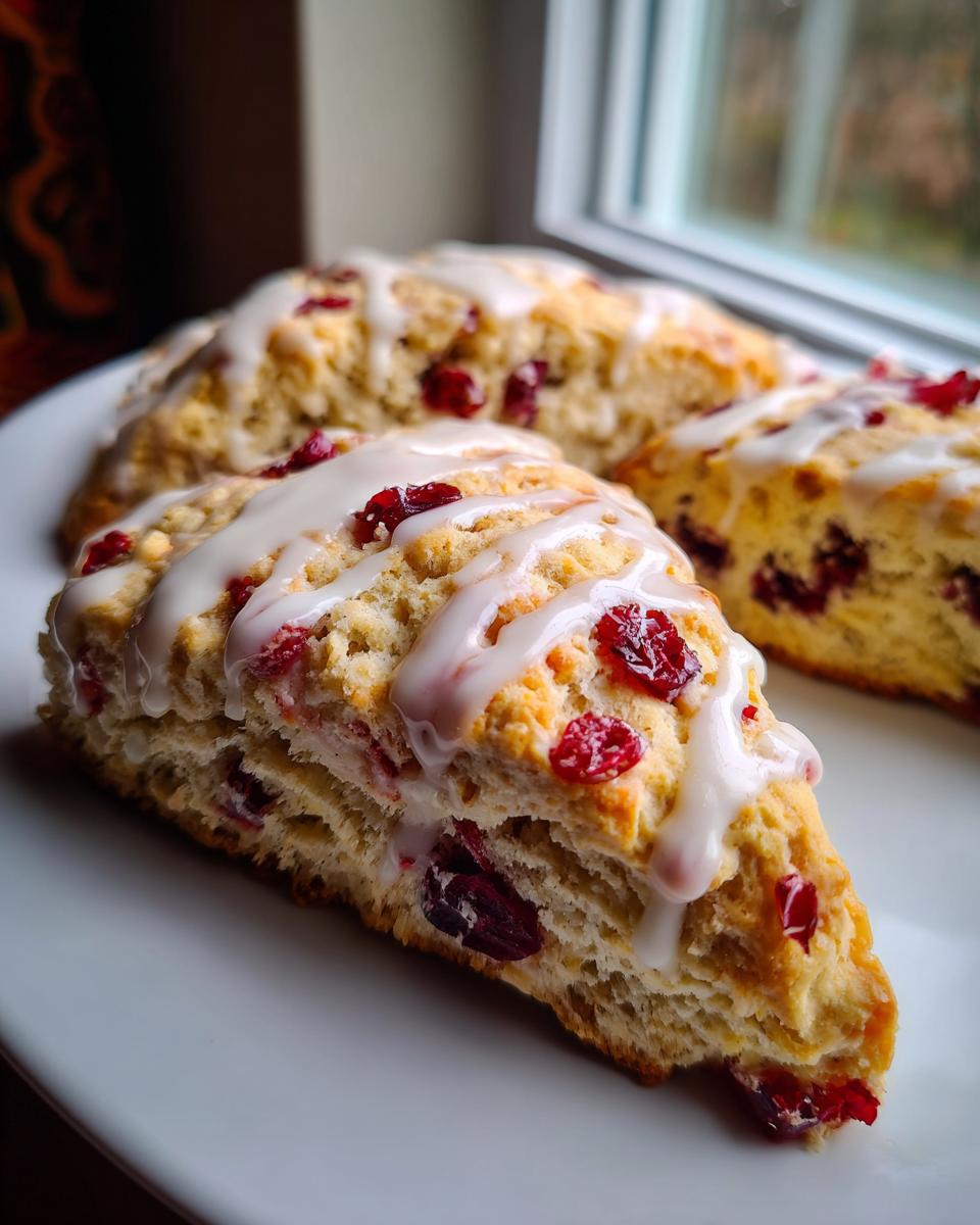 Close-up of flaky cranberry orange scones drizzled with a white citrus glaze, showing texture and dried cranberries.