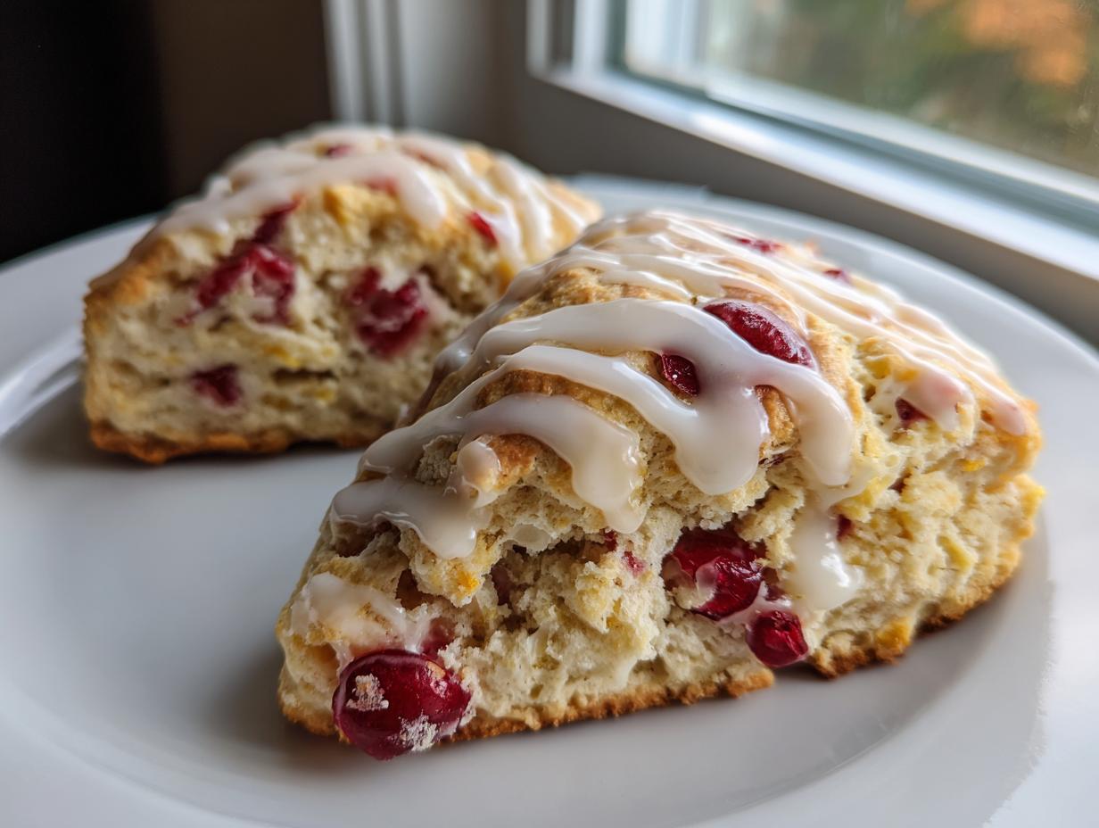 Two flaky cranberry orange scones drizzled with white glaze, sitting on a white plate near a window.