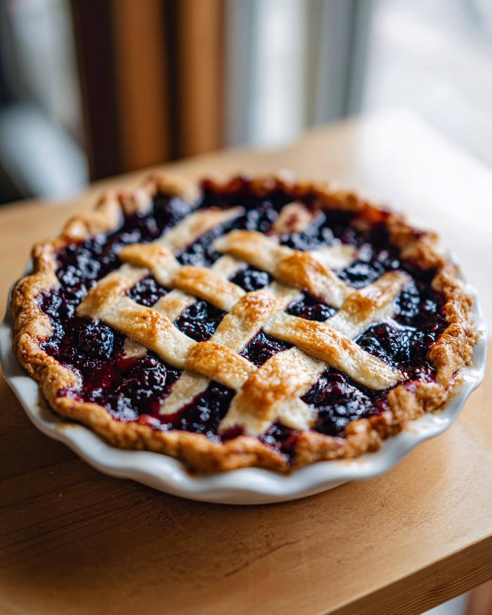 A freshly baked blackberry pie featuring a golden lattice crust and bubbling dark berry filling.