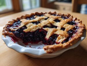 A close-up of a freshly baked blackberry pie with a golden lattice crust, sitting in a white pie dish.
