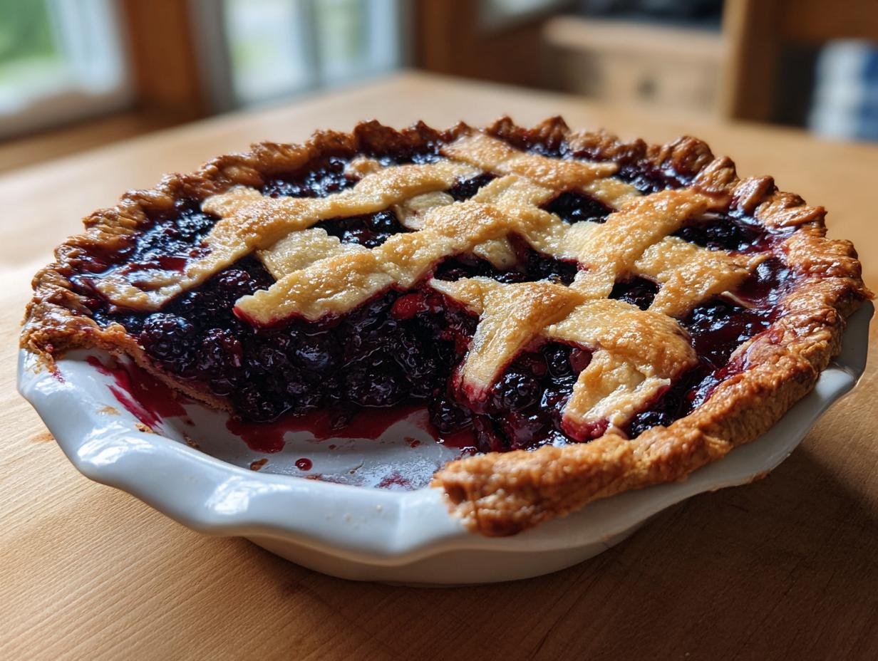 A close-up of a freshly baked blackberry pie with a golden lattice crust, sitting in a white pie dish.