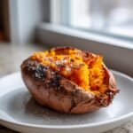 A perfectly baked sweet potato, split open to show fluffy orange flesh, sprinkled with coarse salt.