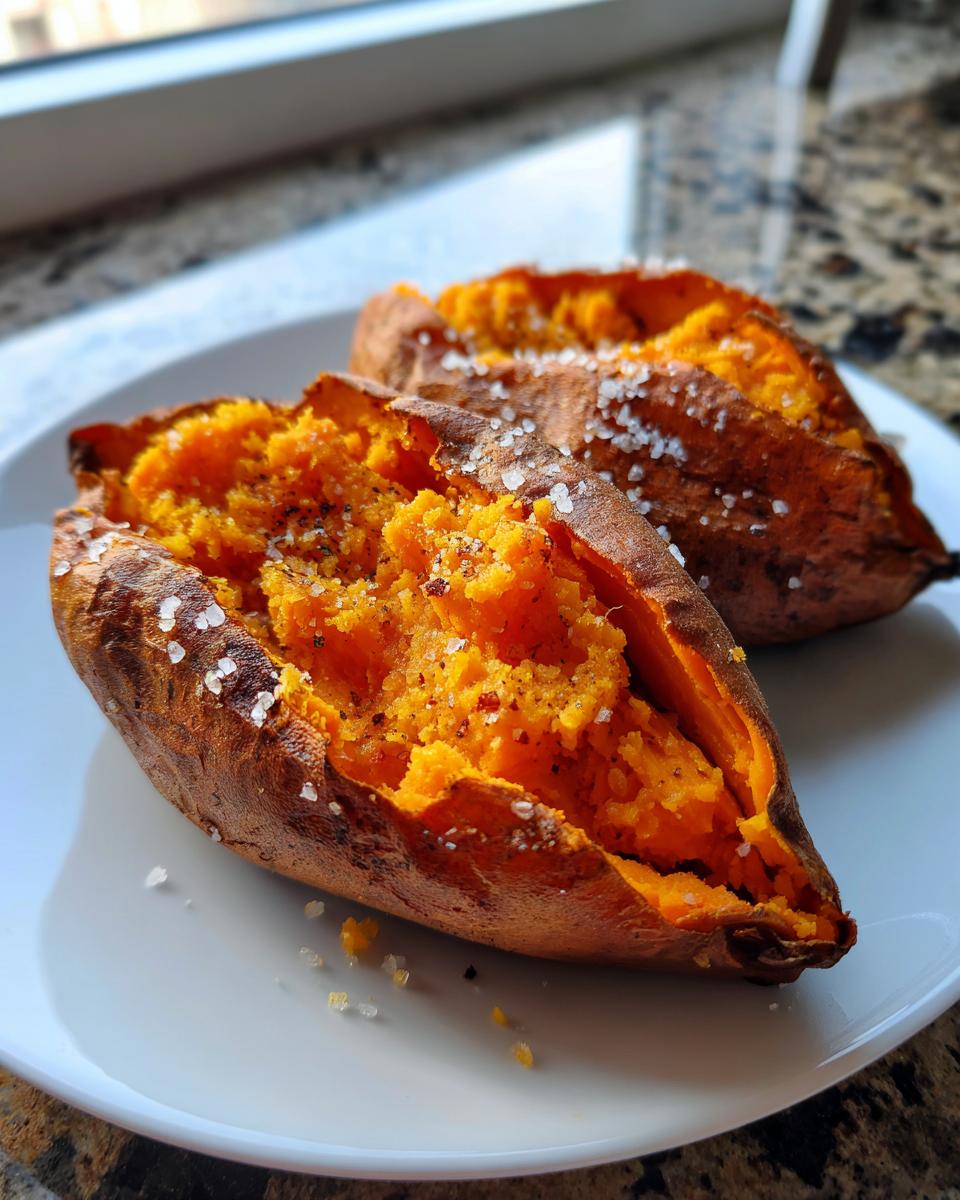 Two fluffy baked sweet potatoes split open, seasoned with flaky sea salt and pepper.