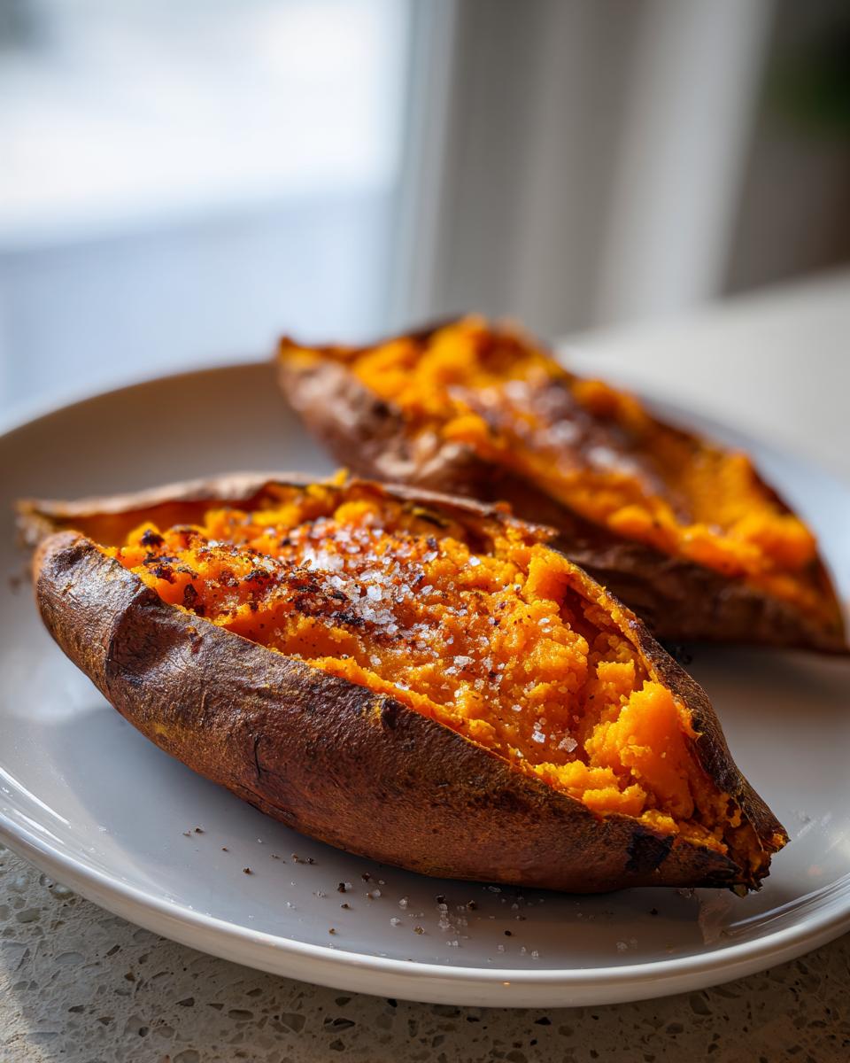 Close-up of two fluffy baked sweet potatoes, split open and topped with coarse sea salt.