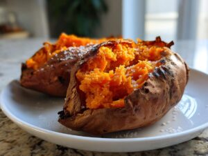Close-up of fluffy baked sweet potatoes split open and sprinkled with coarse sea salt.
