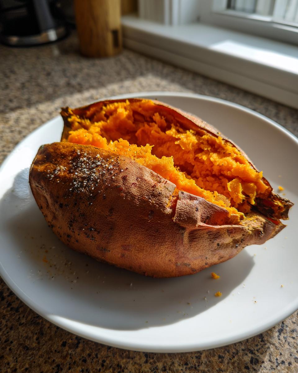 A perfectly cooked baked sweet potatoes, split open to show fluffy orange flesh, seasoned with salt.