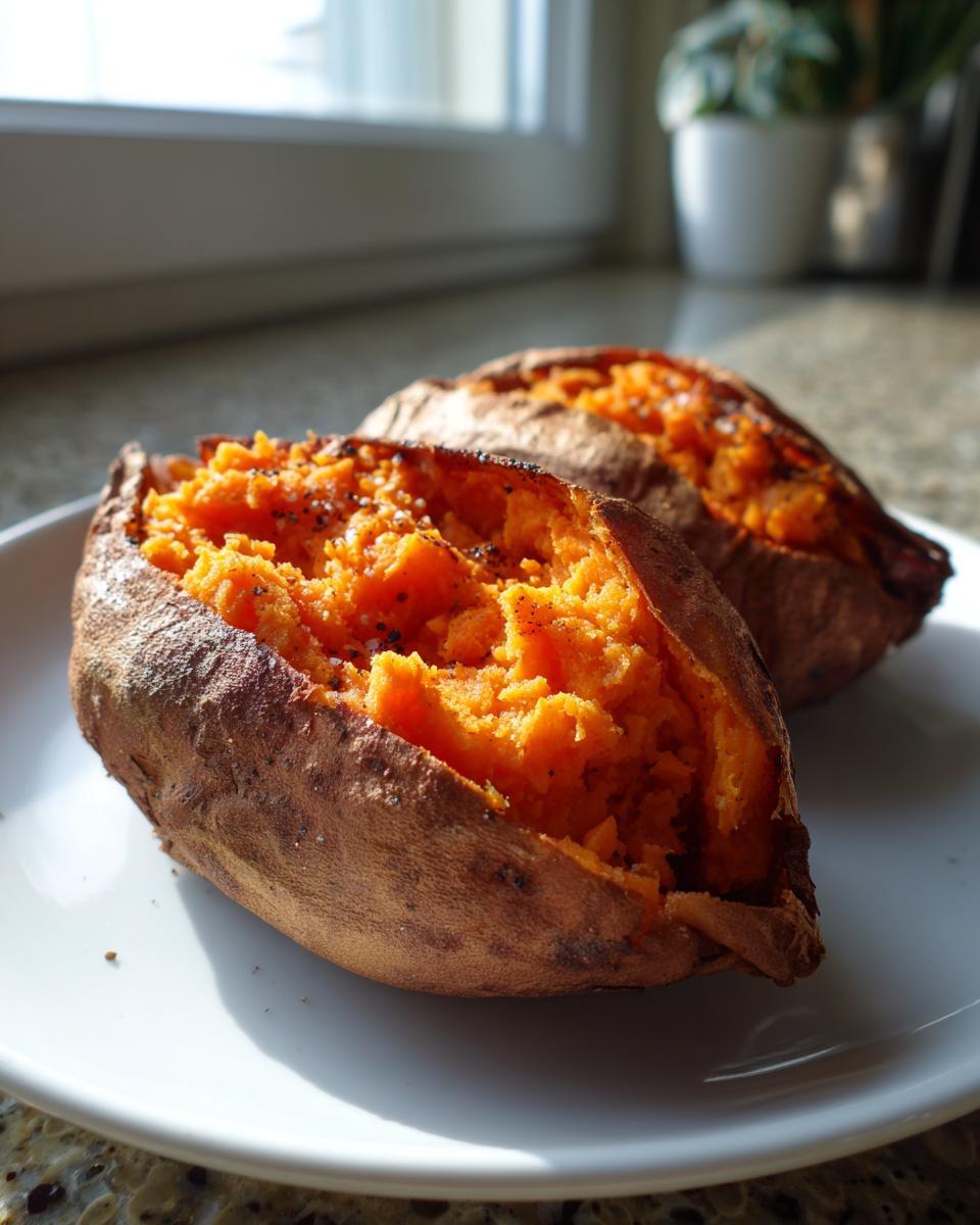 Two fluffy baked sweet potatoes, split open and seasoned with salt and pepper, sitting on a white plate.