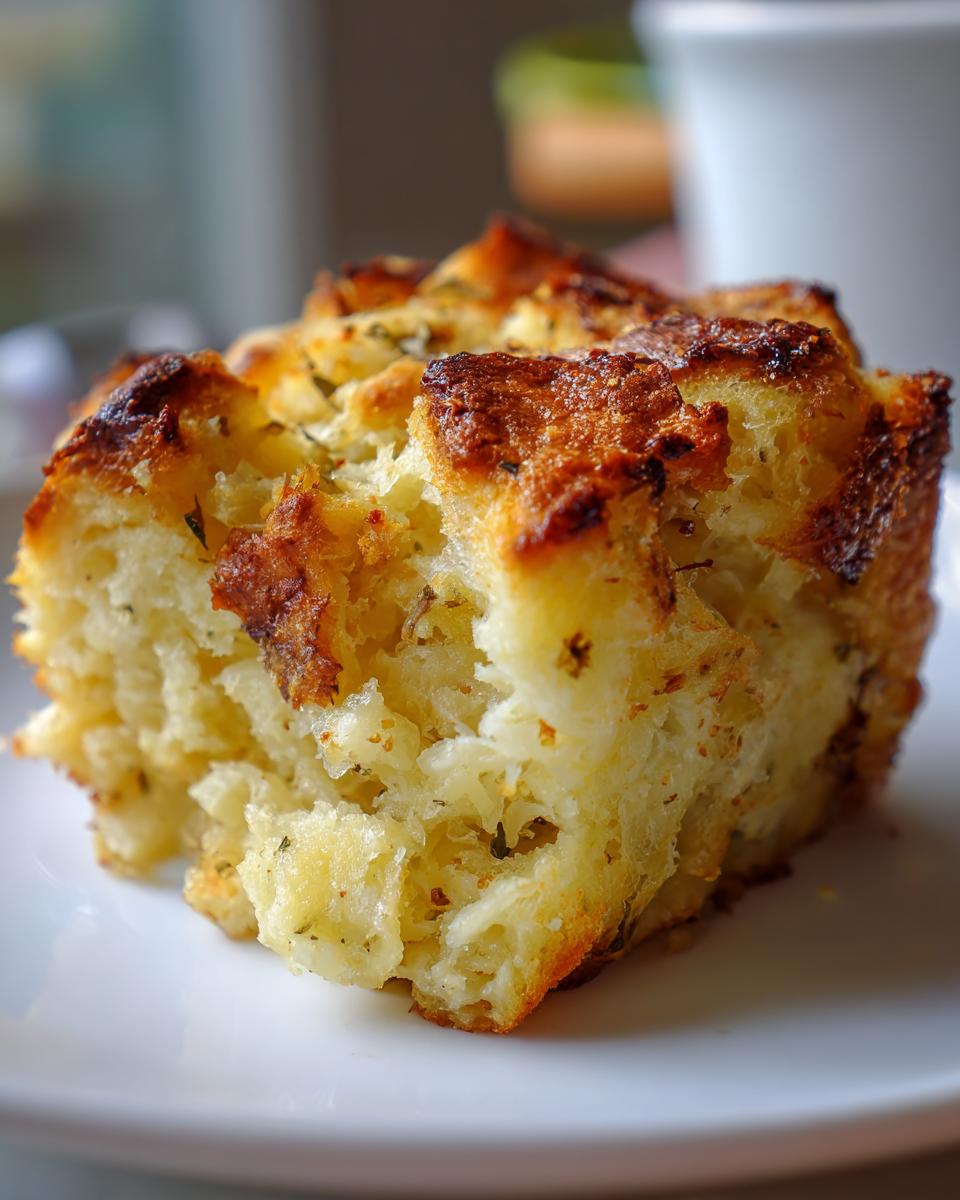 A close-up of a perfectly baked square of savory herb stuffing with a golden-brown, crispy top.