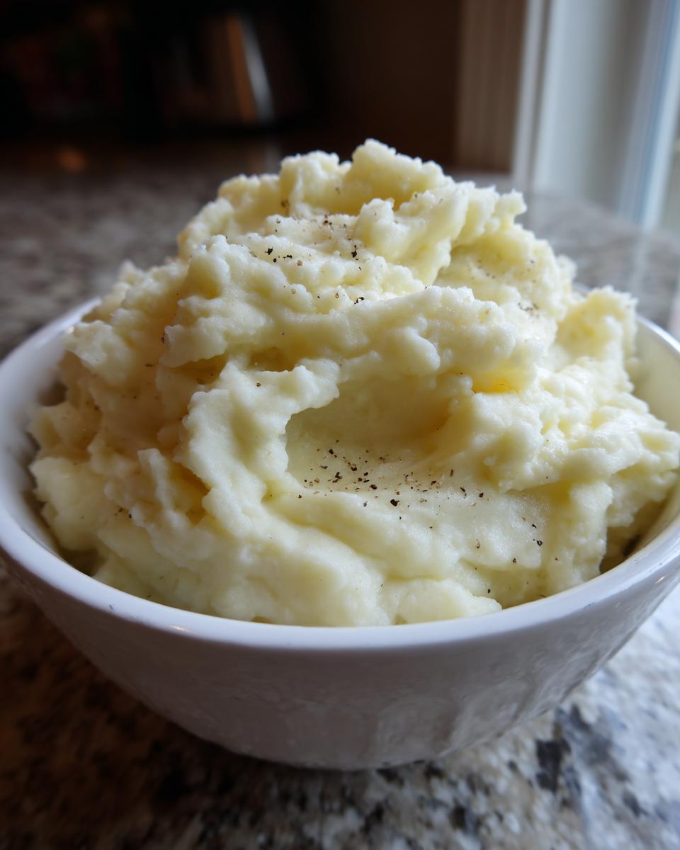A close-up of creamy, fluffy slow cooker mashed potatoes topped with cracked black pepper in a white bowl.