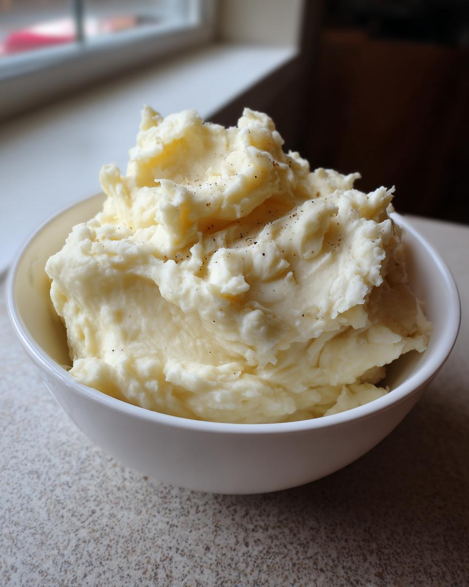 A close-up of fluffy, creamy slow cooker mashed potatoes seasoned with black pepper in a white bowl.