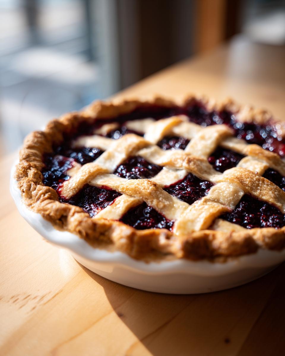 A close-up of a freshly baked blackberry pie featuring a golden lattice crust and dark, juicy filling.