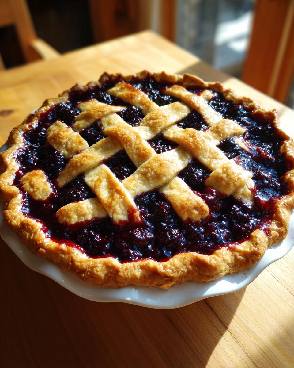 A freshly baked blackberry pie featuring a deep purple filling and a golden brown lattice crust, sitting on a white plate.