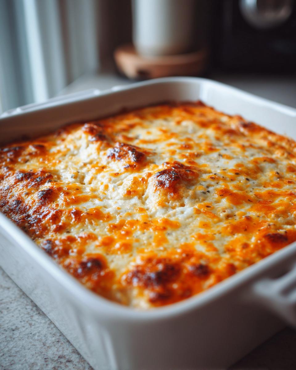 Close-up of hot, bubbly Buffalo chicken dip with a golden-brown, cheesy crust in a white baking dish.