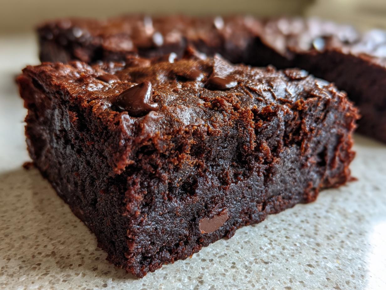 A close-up view of a thick, fudgy slice of sweet potato brownies topped with melted chocolate chips.