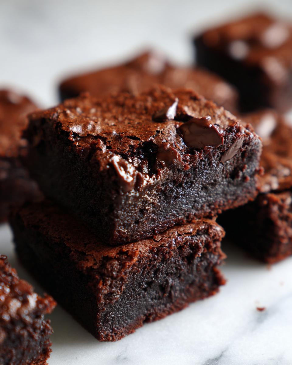 Close-up of two stacked, fudgy Sweet potato brownies with melted chocolate chips on top.