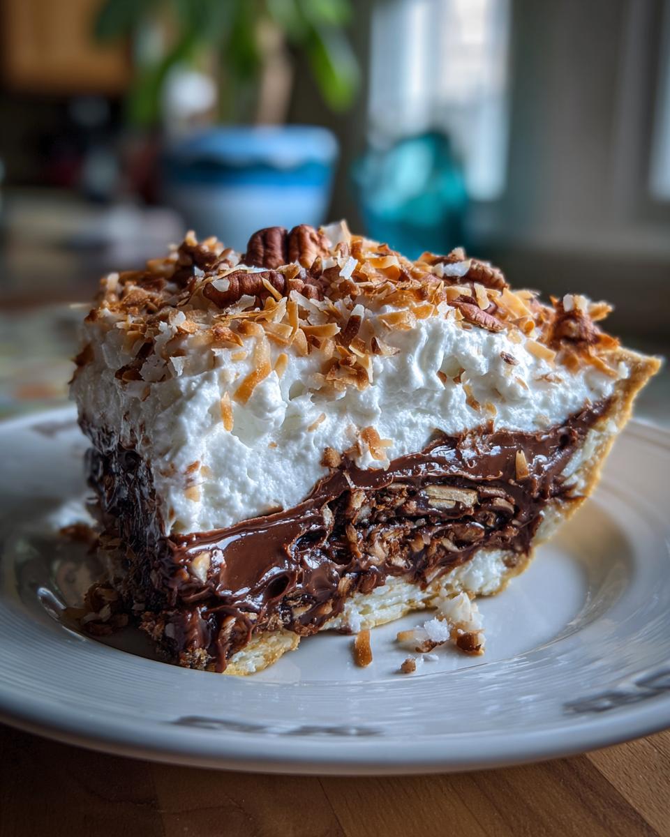 A close-up slice of decadent German chocolate pie featuring a thick chocolate layer, whipped cream, toasted coconut, and pecans.
