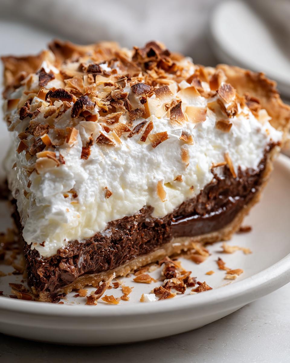 Close-up of a decadent slice of german chocolate pie featuring a thick chocolate layer, whipped cream, and toasted coconut.