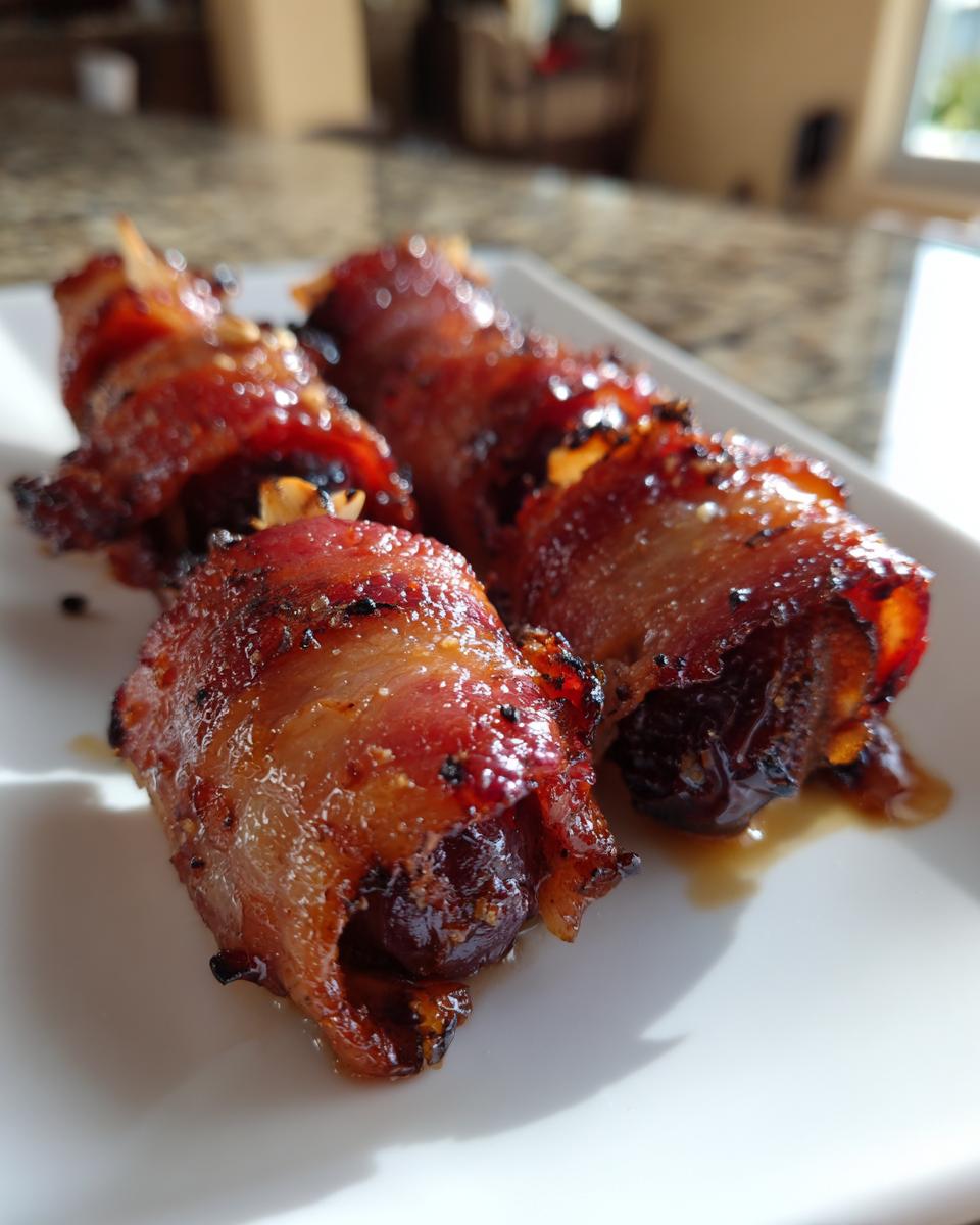 Close-up of four perfectly cooked, glazed bacon-wrapped dates resting on a white serving dish.