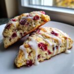 Two flaky cranberry orange scones drizzled with white glaze, stacked slightly on a white plate near a window.