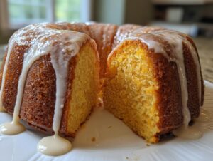 A moist, golden sweet potato pound cake with a thick vanilla glaze dripping down the sides, presented on a white plate.