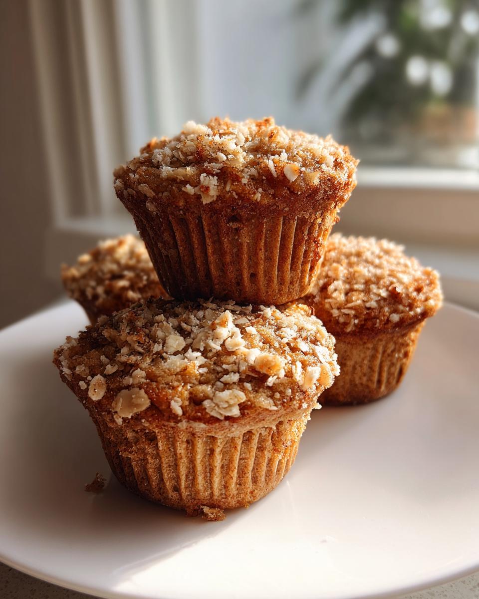 A stack of three golden brown banana oatmeal muffins topped with a crunchy oat crumble, served on a white plate.