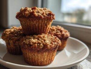 Four freshly baked banana oatmeal muffins with crumb topping stacked on a white plate near a bright window.