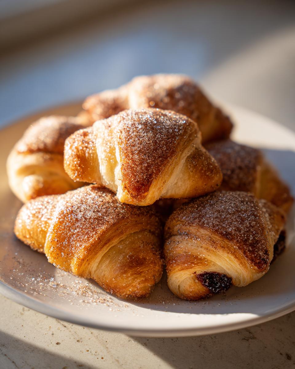 A close-up of several freshly baked, golden brown Rugelach pastries dusted heavily with cinnamon sugar.
