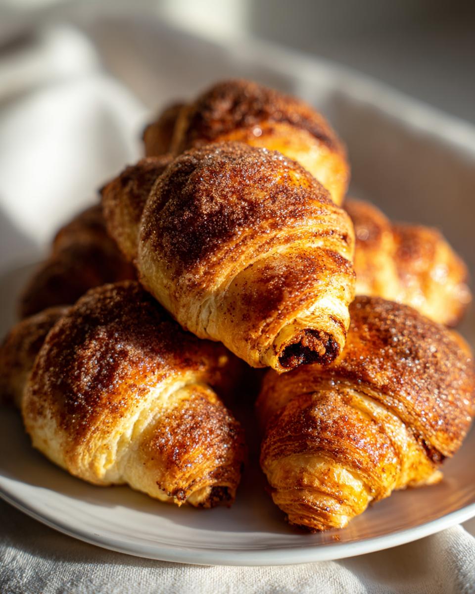 A close-up stack of freshly baked, golden brown Rugelach pastries dusted heavily with cinnamon sugar.