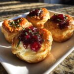 Four golden baked cranberry brie bites topped with glistening cranberry sauce and fresh rosemary sprigs.