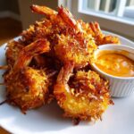 A plate piled high with golden brown, crispy coconut shrimp served alongside a small ramekin of orange dipping sauce.