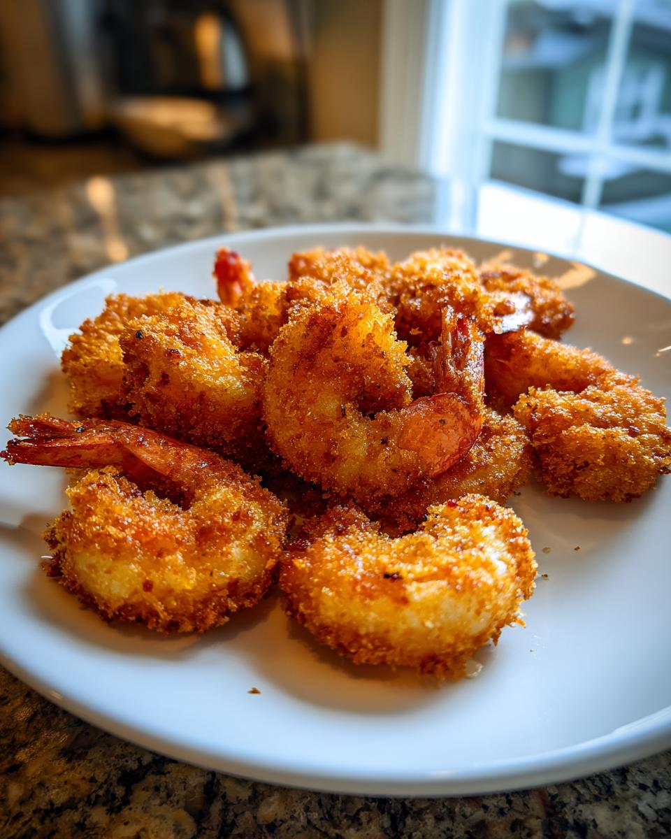 A plate piled high with perfectly golden brown, crispy fried shrimp, tails on, ready to eat.