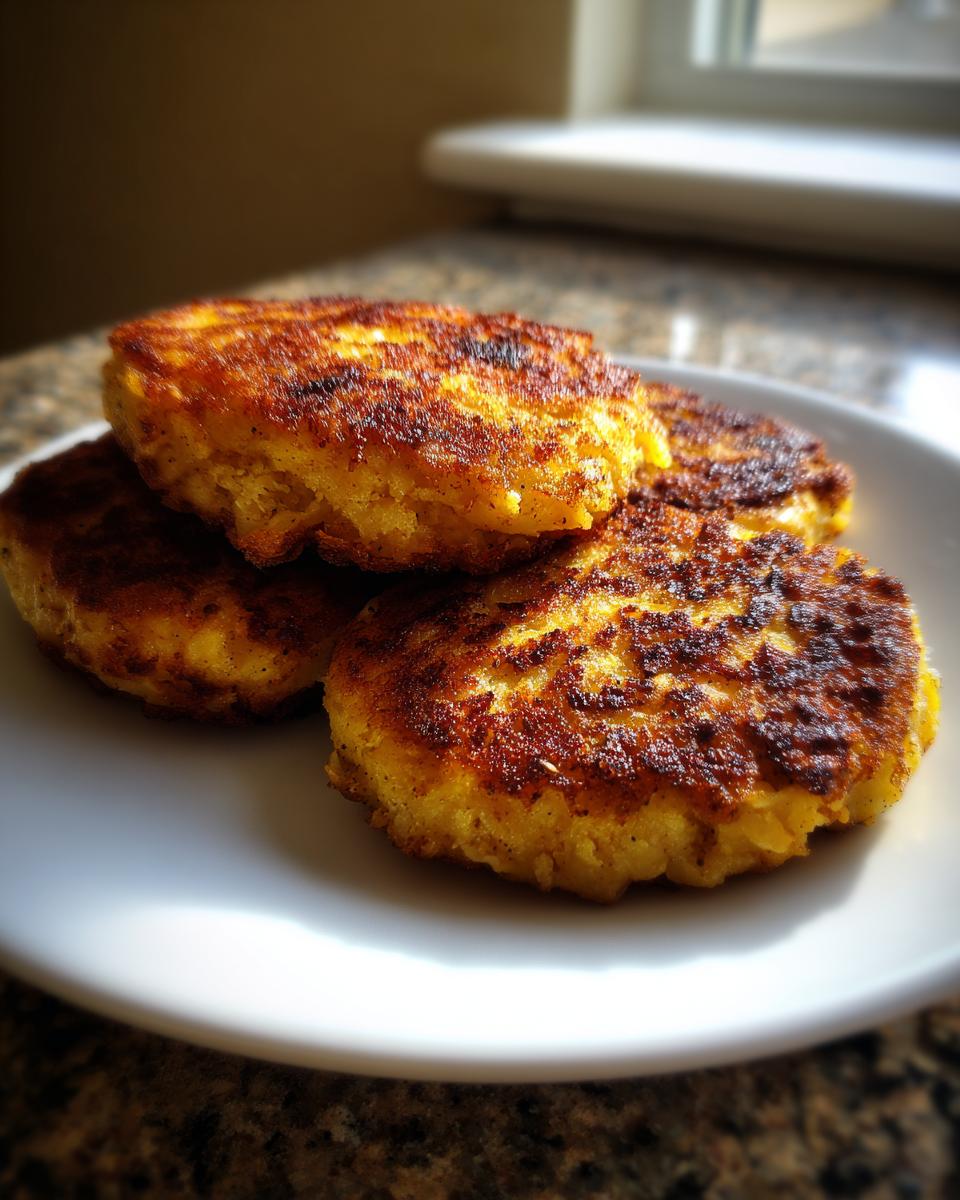Four golden brown, perfectly seared fried cornbread patties stacked on a white plate.