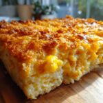 A close-up of a creamy, baked hashbrown casserole with a crispy, golden-brown topping.