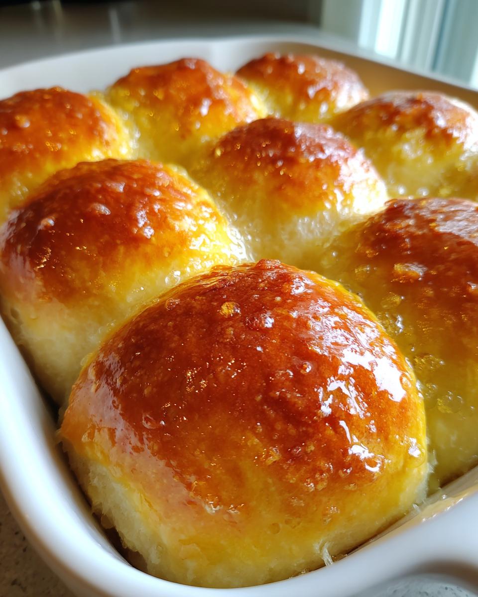 Close-up of freshly baked, golden brown homemade dinner rolls glistening with a buttery glaze in a white dish.