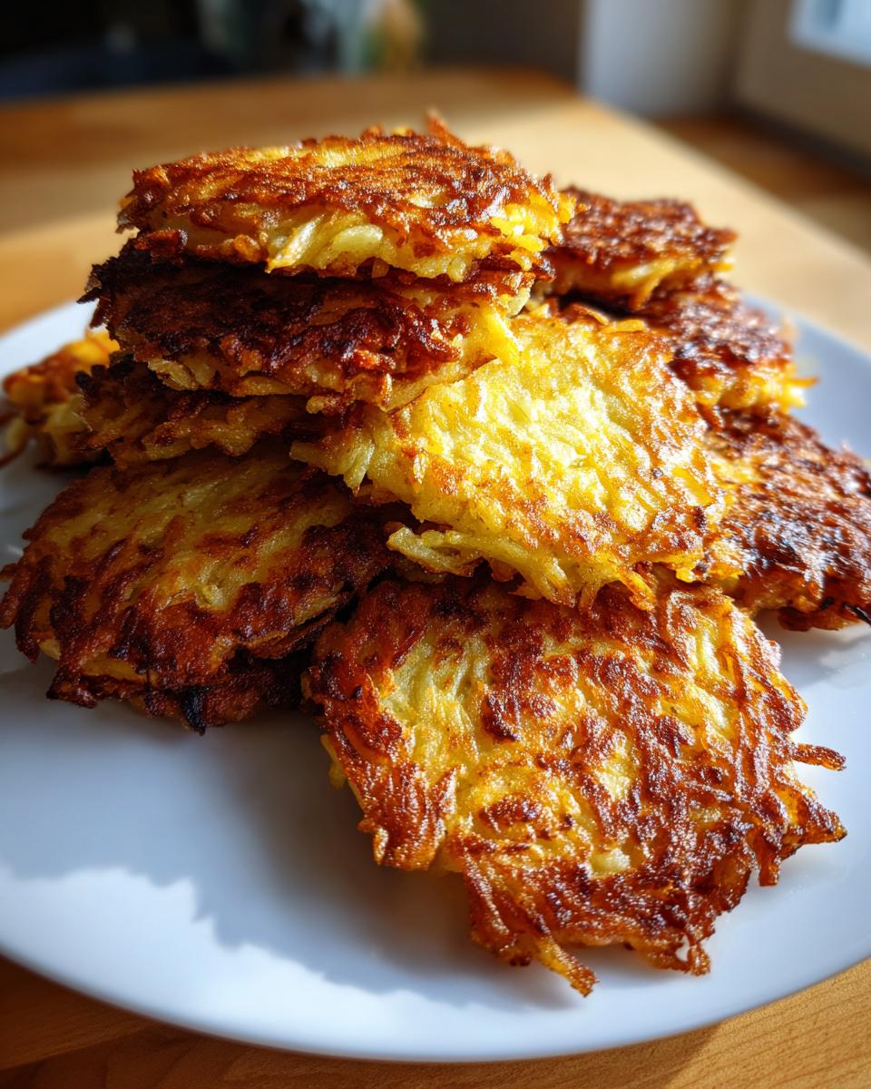 A close-up stack of perfectly fried, golden brown potato latkes resting on a white plate.