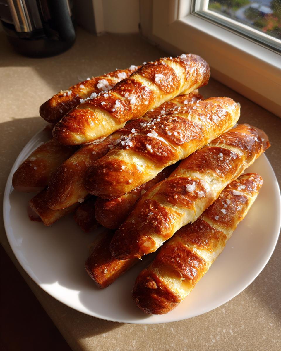 A pile of freshly baked pretzel dogs with coarse salt, beautifully browned and resting on a white plate near a window.