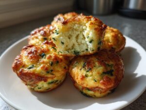A stack of golden brown, savory egg bites with visible green herbs, one cut open to show the fluffy interior.