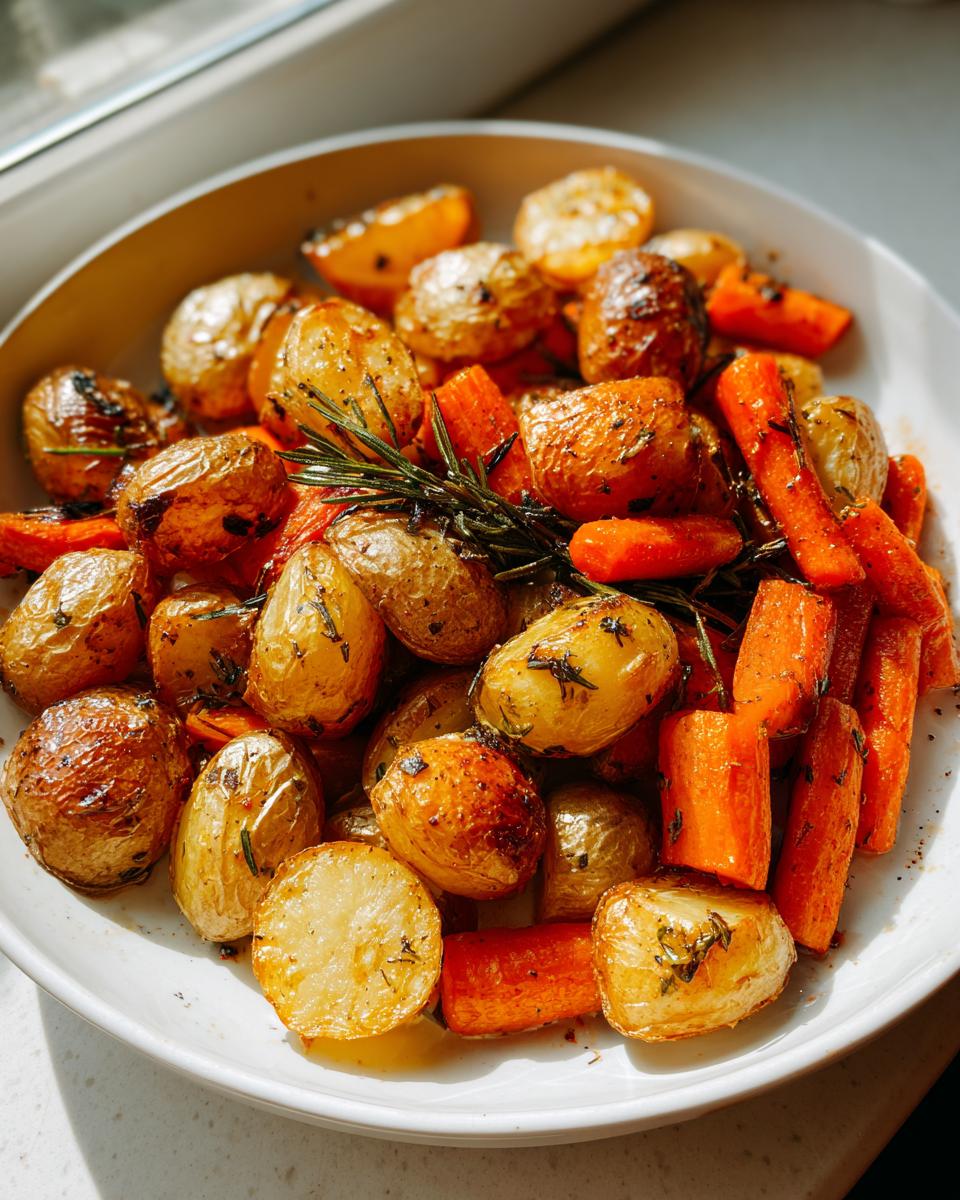 A white bowl filled with perfectly golden roasted potatoes and carrots, seasoned with herbs like rosemary.
