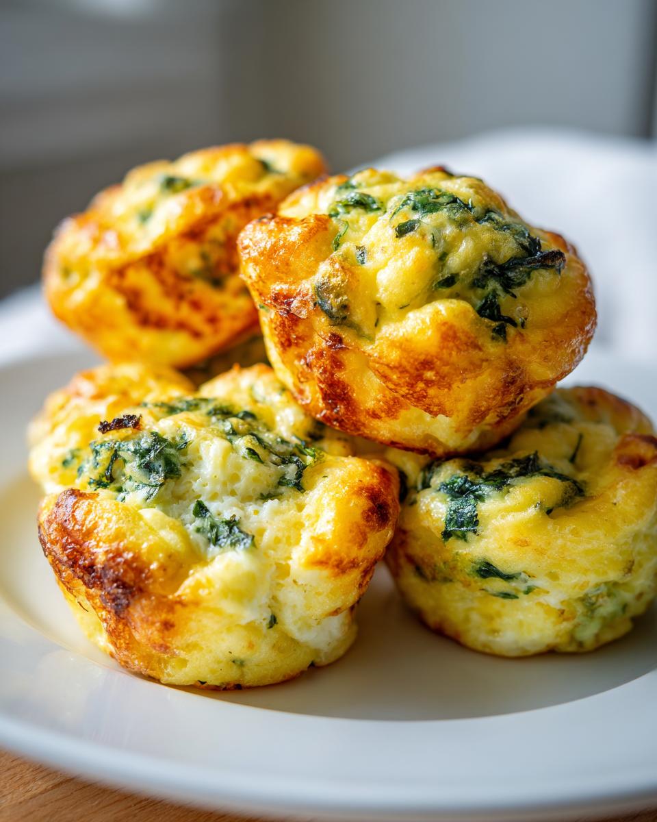 A close-up stack of four golden brown, fluffy spinach egg bites served on a white plate.