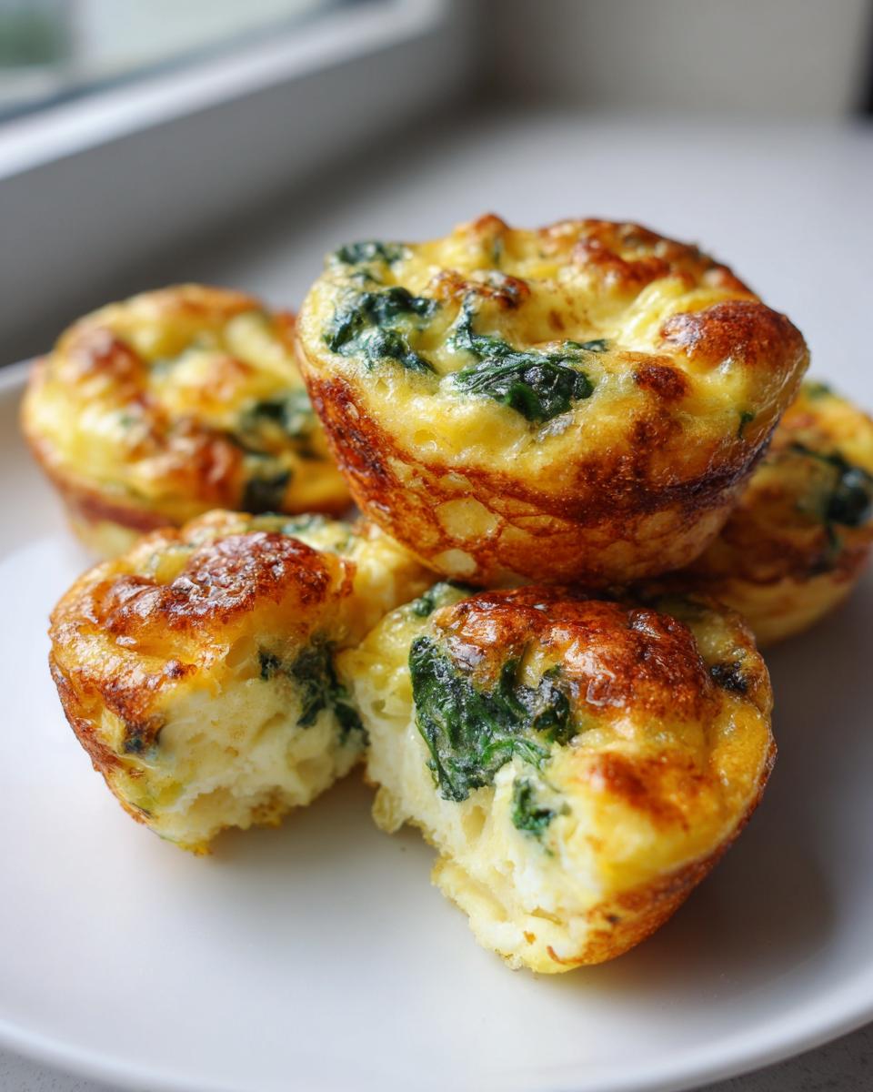 A stack of golden brown spinach egg bites, one is broken open showing the fluffy interior.
