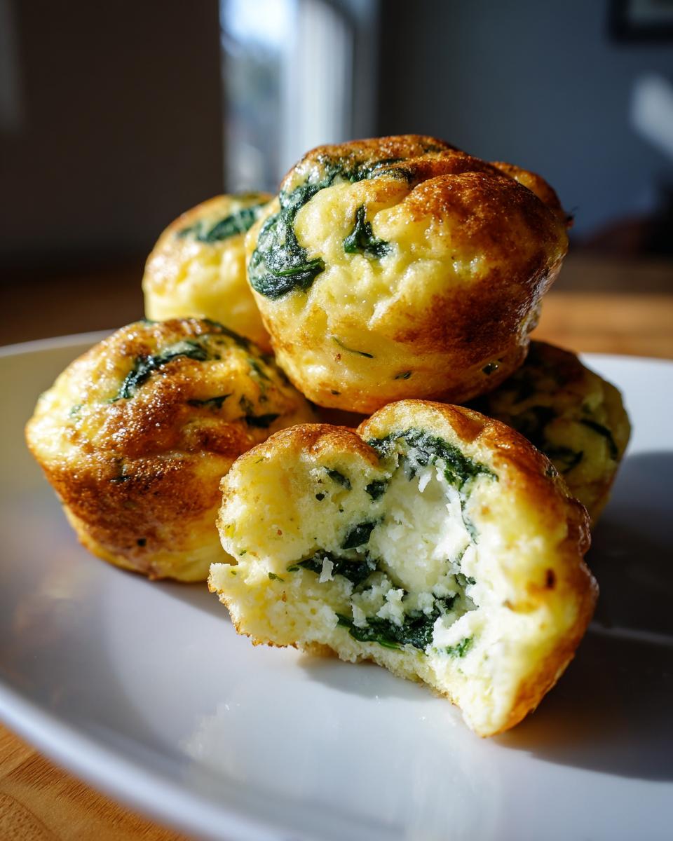 A stack of golden brown spinach and feta egg bites, with one cut open showing the fluffy interior.