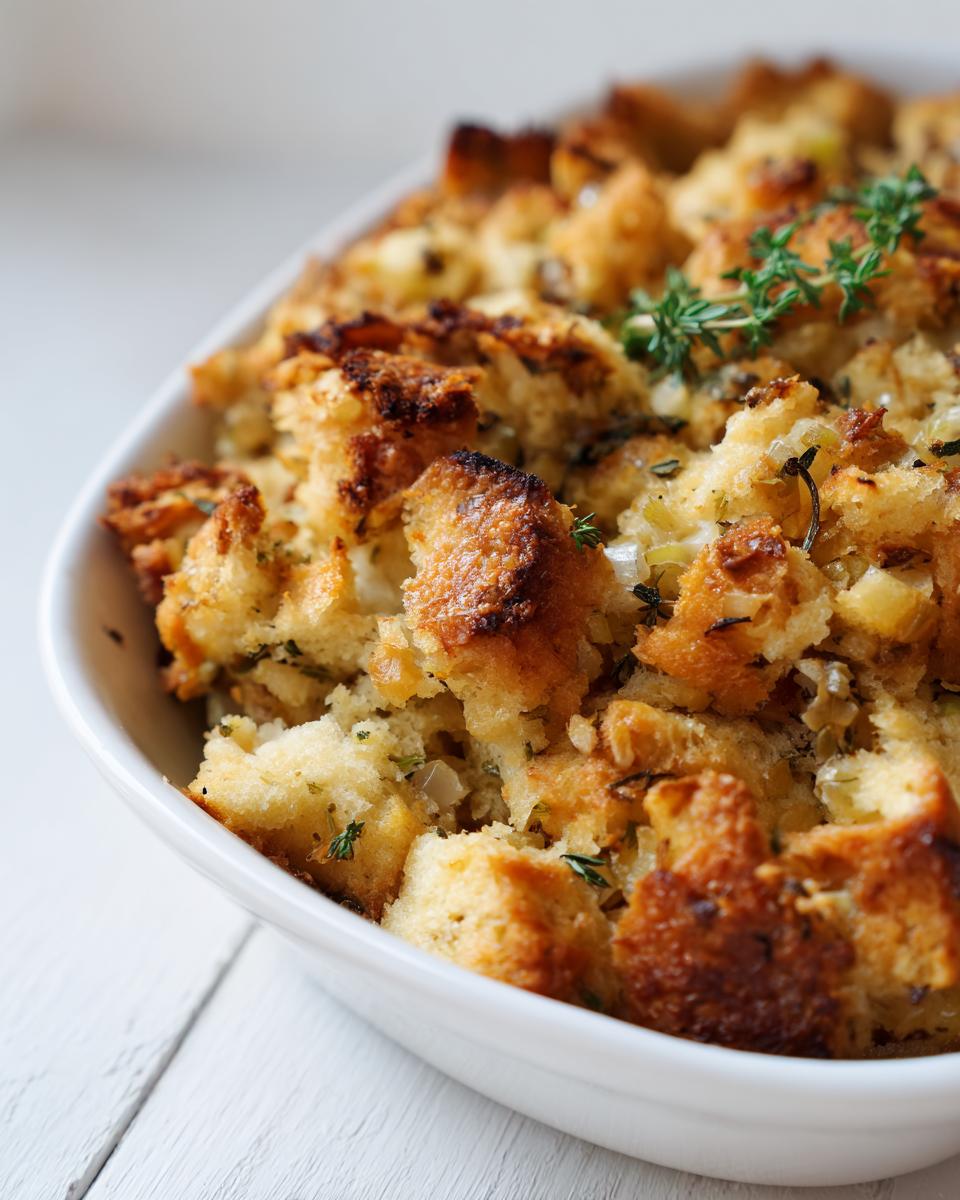 Close-up of golden brown, crispy homemade stuffing topped with fresh thyme sprigs in a white baking dish.