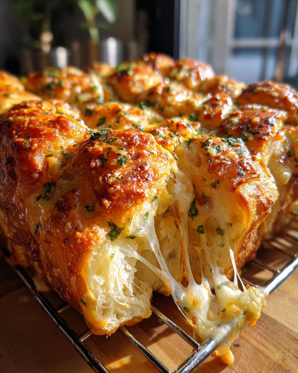 Close-up of gooey, melted cheese stretching from a freshly baked, golden brown cheese bread loaf.