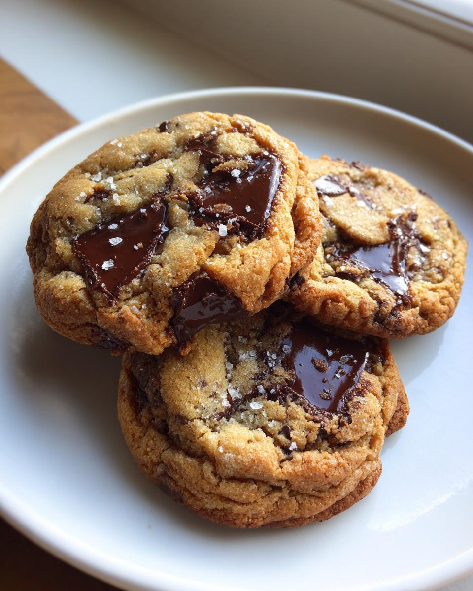Three thick, gooey chocolate chip cookies topped with melted dark chocolate chunks and flaky sea salt.